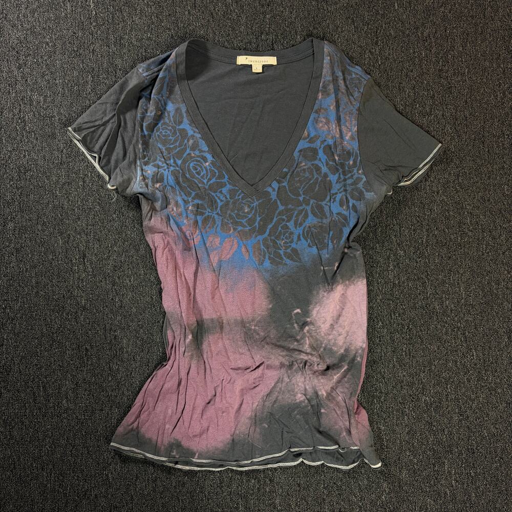 Vintage Y2k Skater Rose Psychedelic Grey Blue Women's V Neck T Shirt Large